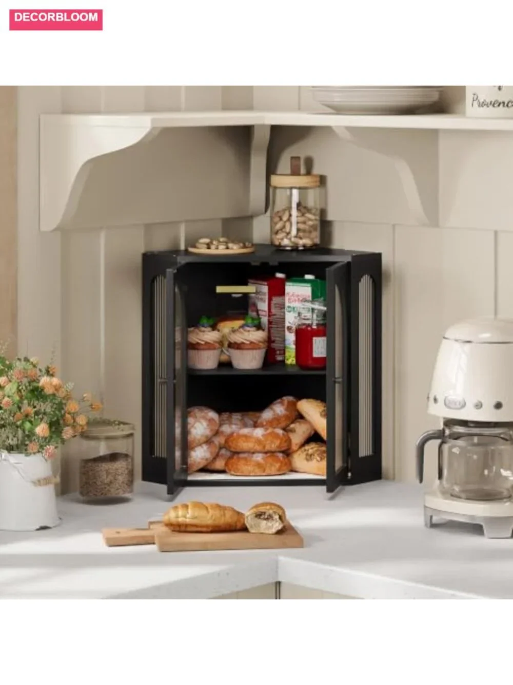 Corner Bread Box with Acrylic Windows, Bamboo Double Layer Kitchen Countertop